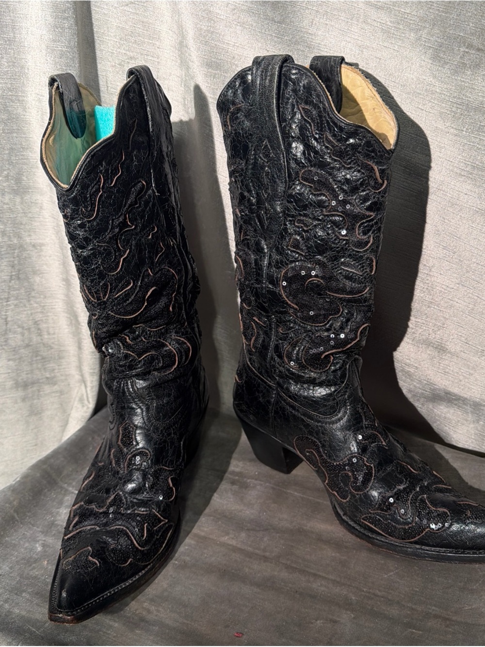 Corral Women’s Black Goat Leather & Sequins Inlay Glitter Cowboy Boots Size 9M
